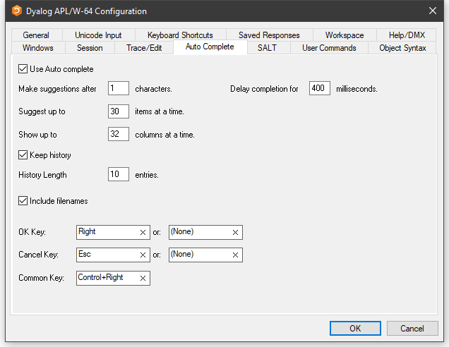 configuration dialog auto complete tab