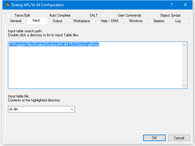 configuration dialog input tab