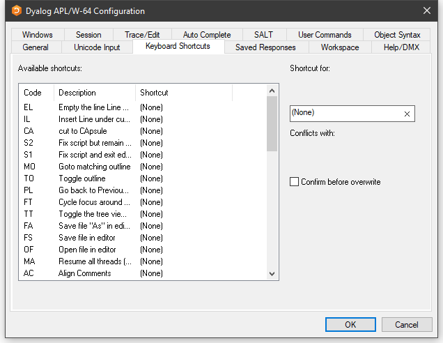 configuration dialog keyboard shortcuts tab