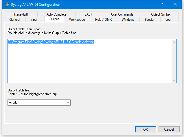 configuration dialog output tab