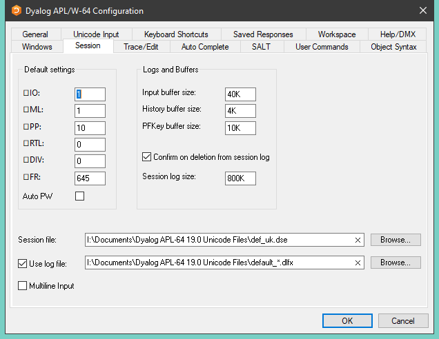 configuration dialog session tab