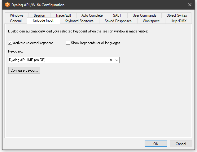 configuration dialog unicode input tab