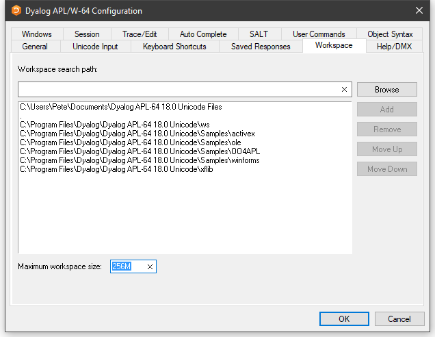 configuration dialog workspace tab